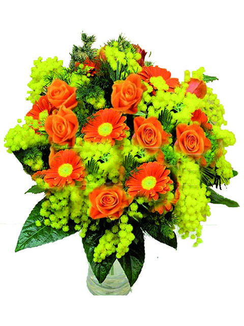 Bouquet rose gerbere e mimosa