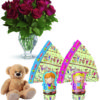 due uova di pasqua con peluche e 12 rose rosse