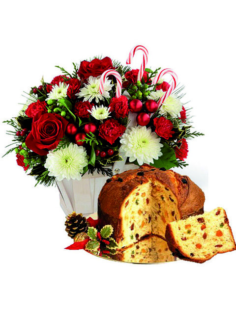 Cesto con rose rosse fiori misti e panettone